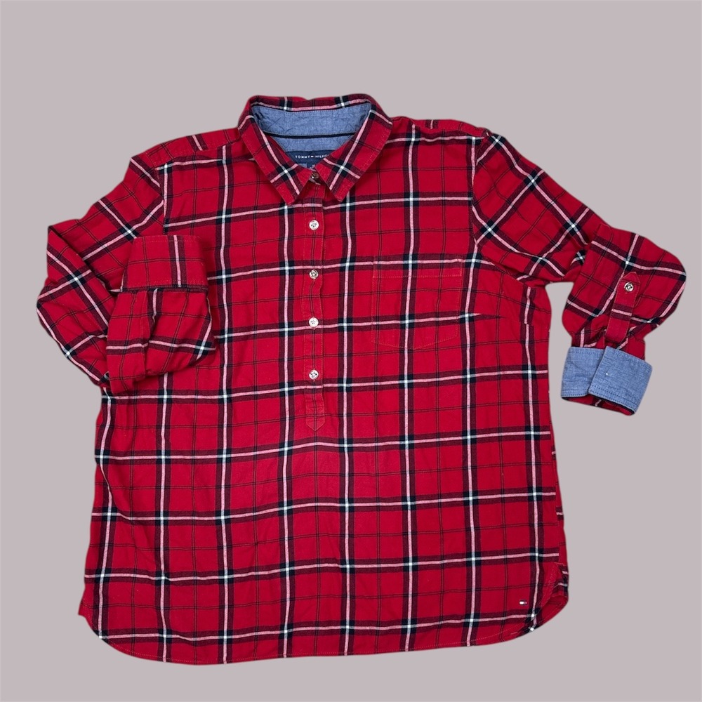 RETRO Tommy Hilfiger Red Black White Plaid‎ Half Button Up Long Sleeve Shirt XL
